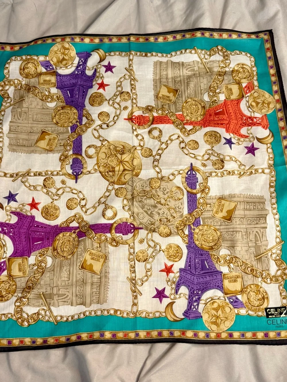 Vintage CELINE Paris Eiffel Tower Chain Print Scarf / Handkerchief